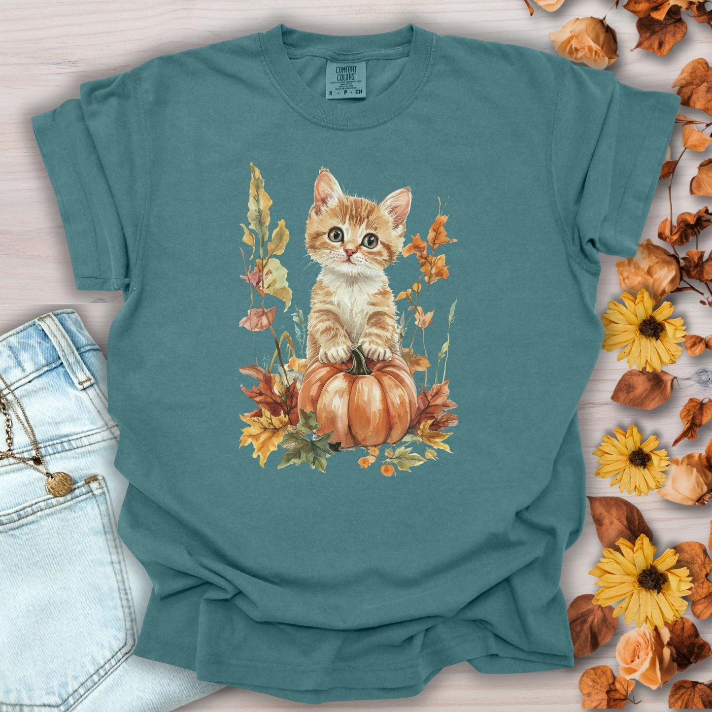 Autumn Kitten Pumpkin & Foliage T-Shirt