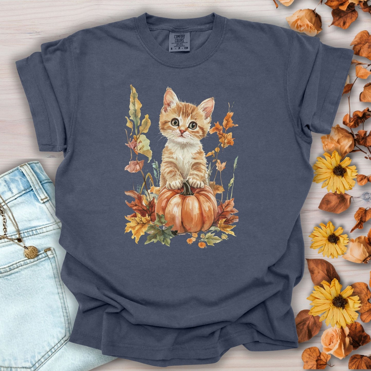 Autumn Kitten Pumpkin & Foliage T-Shirt