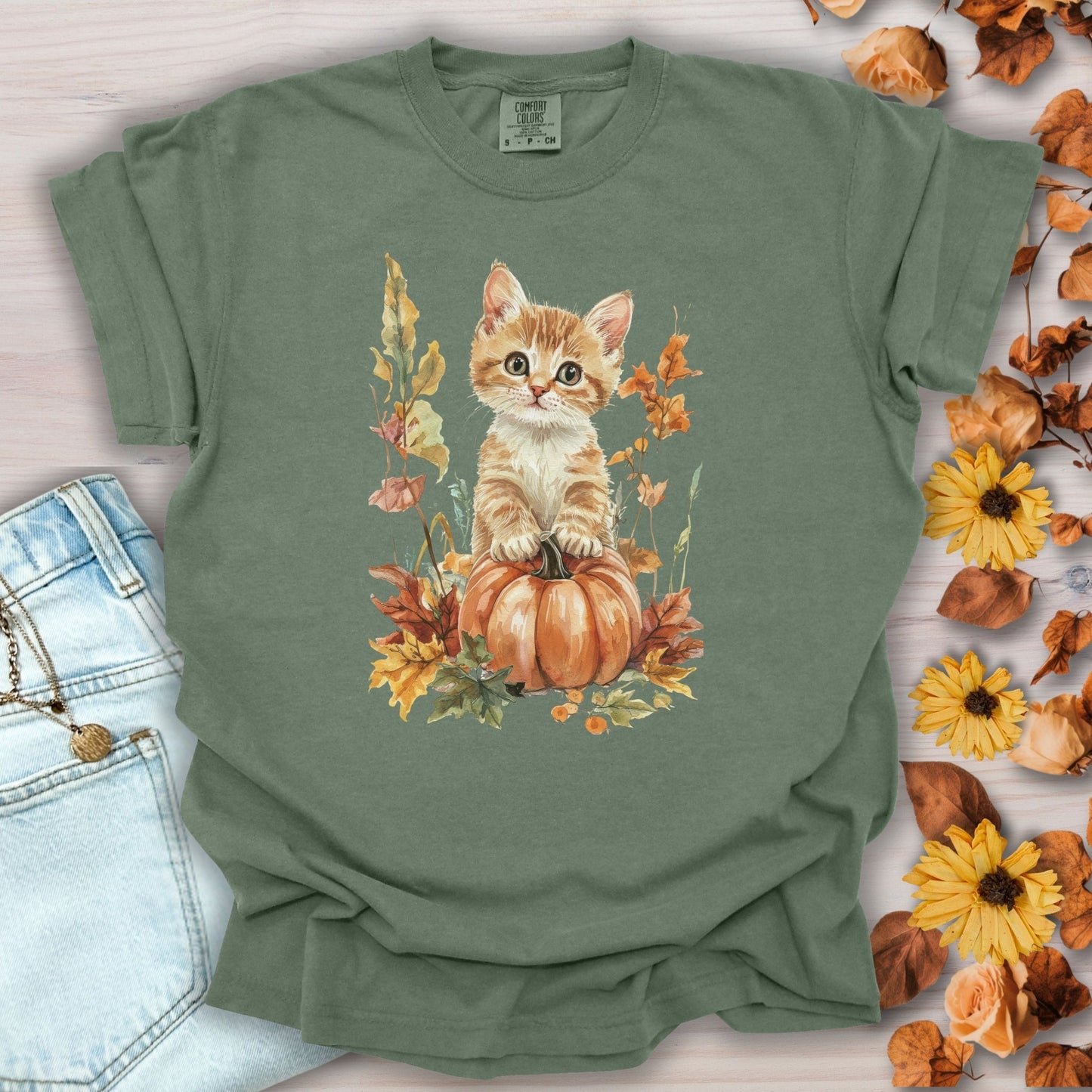 Autumn Kitten Pumpkin & Foliage T-Shirt
