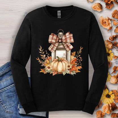 Black long sleeve tee with watercolor autumn lantern, pumpkin, and fall florals.