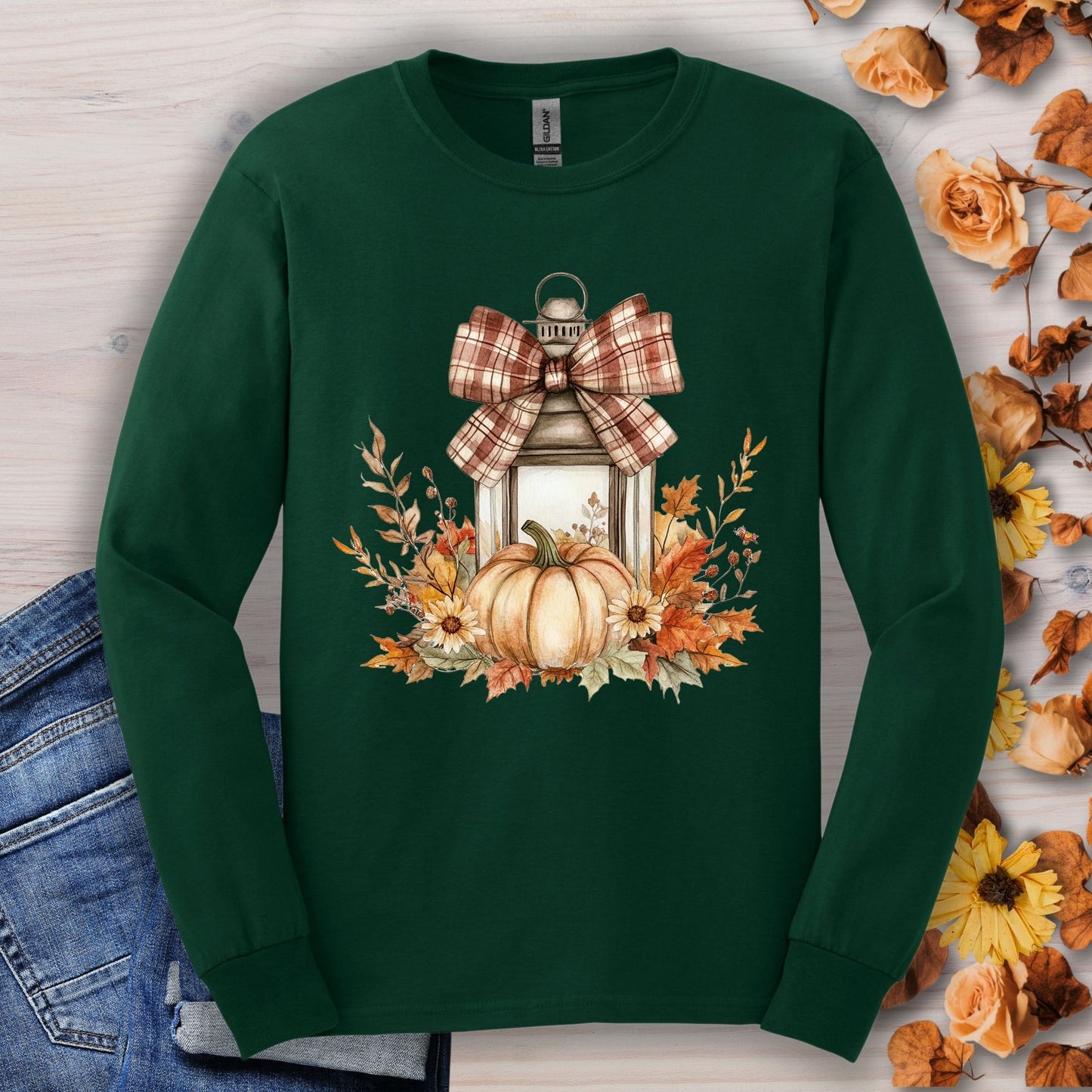 Forest Green long sleeve tee with watercolor autumn lantern, pumpkin, and fall florals.