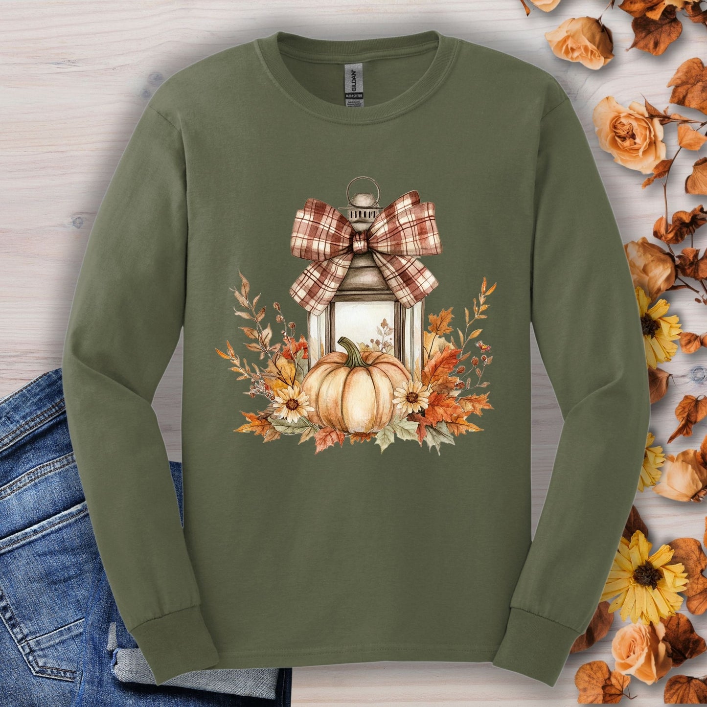 Military Green Gildan 2400 long sleeve tee with watercolor autumn lantern, pumpkin, and fall florals.