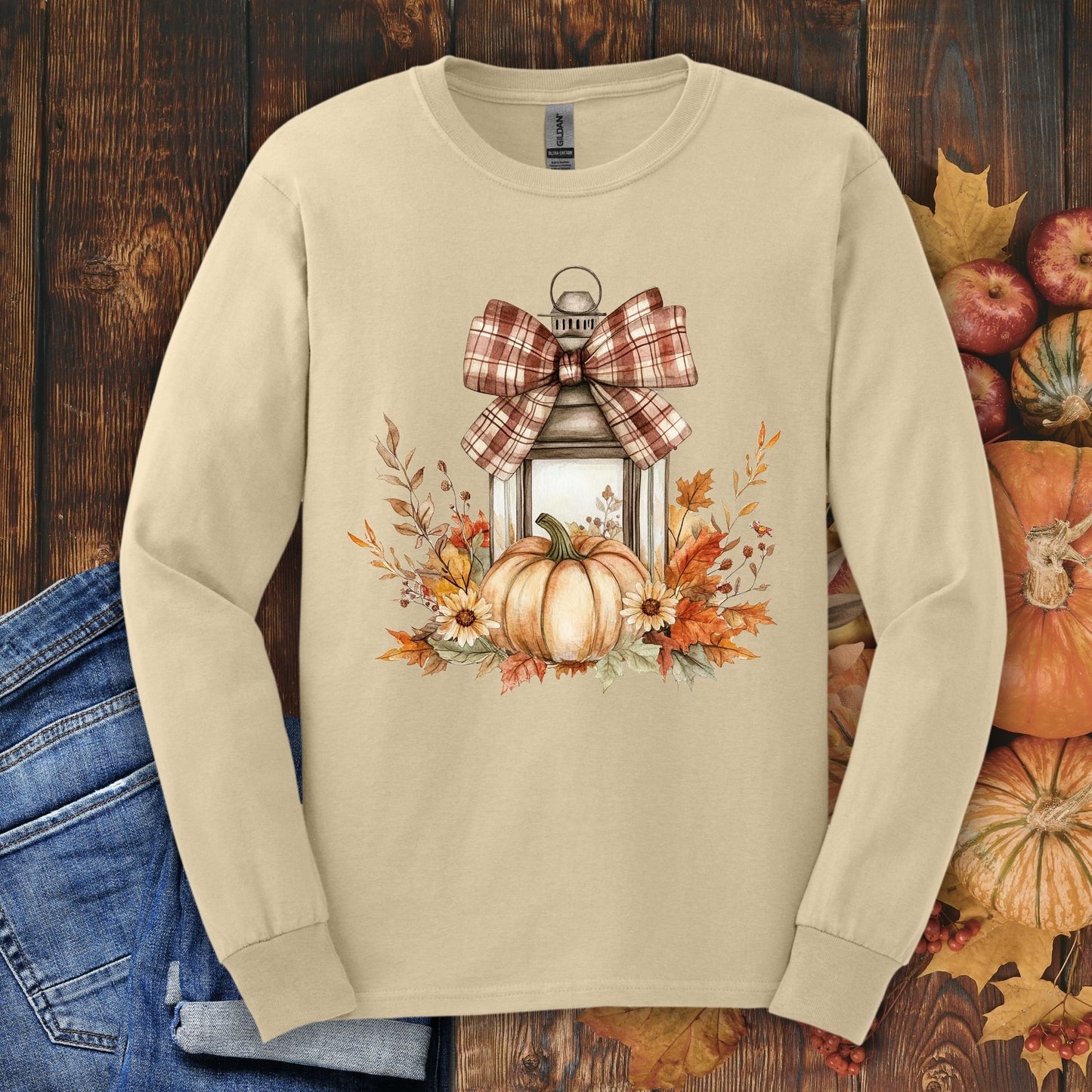 Sand long sleeve tee with watercolor autumn lantern, pumpkins, and fall florals.
