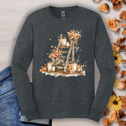Dark Heather long sleeve tee with watercolor autumn lanterns, flowers, and rustic ladder design.