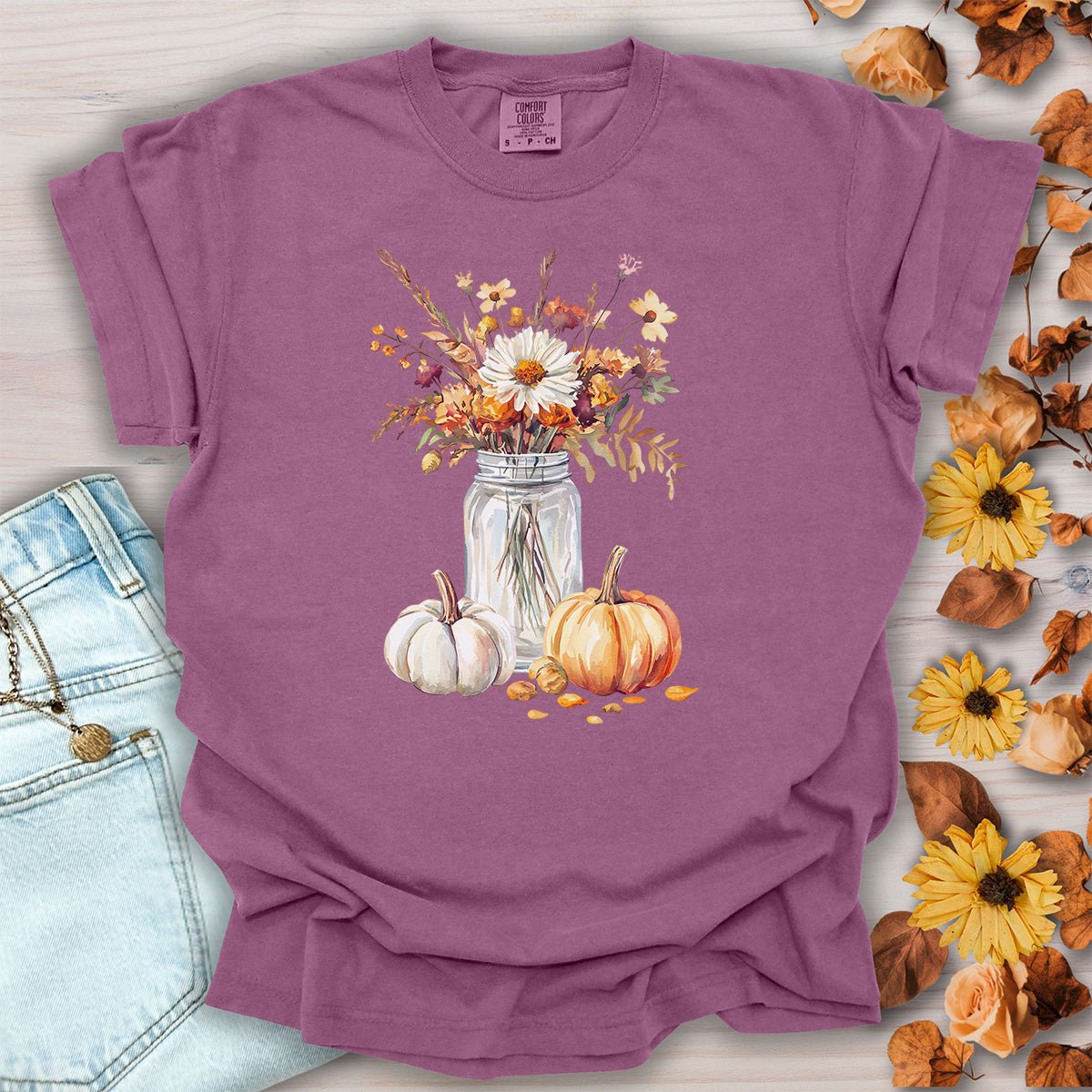 Autumn Mason Jar Bouquet & Pumpkins T-Shirt