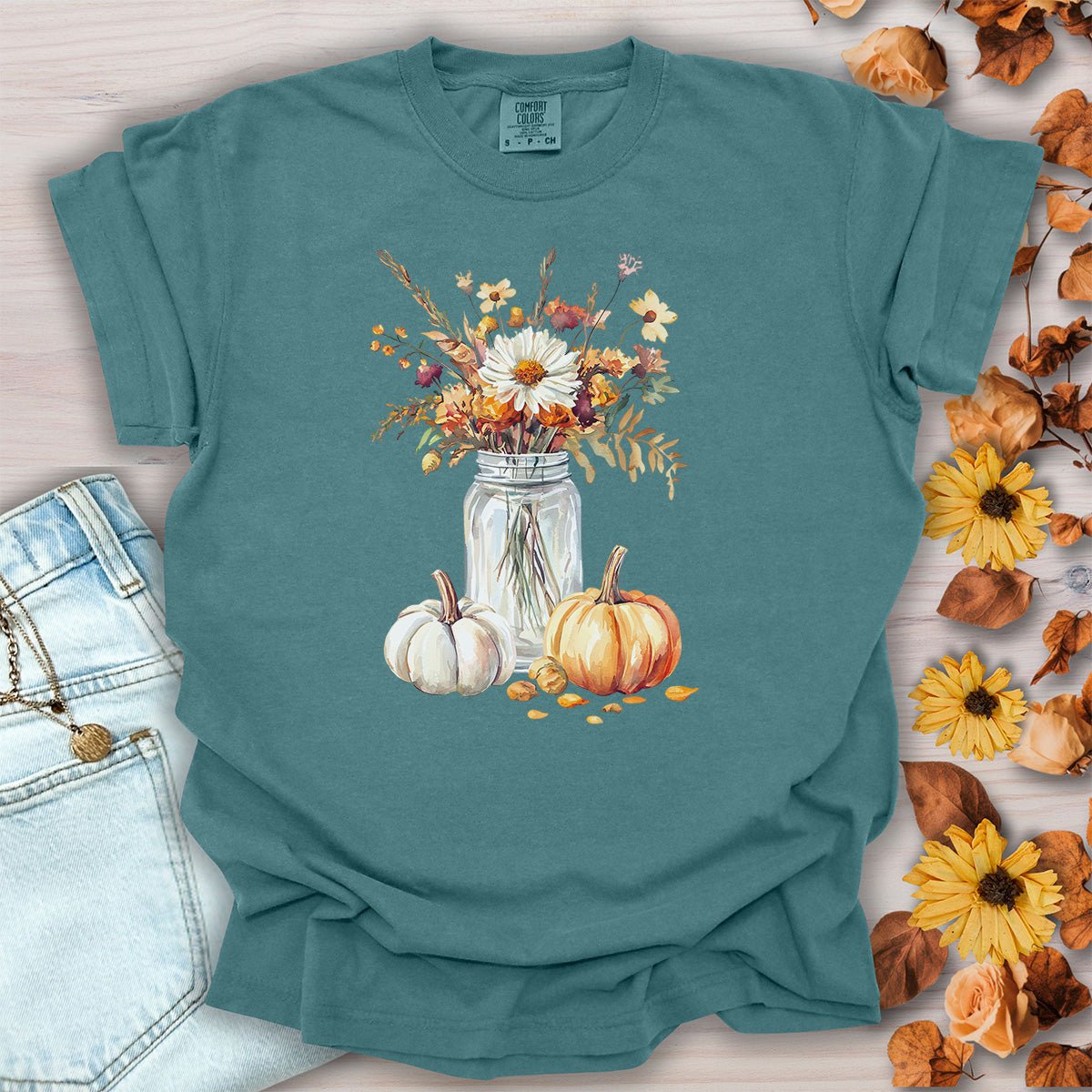 Autumn Mason Jar Bouquet & Pumpkins T-Shirt