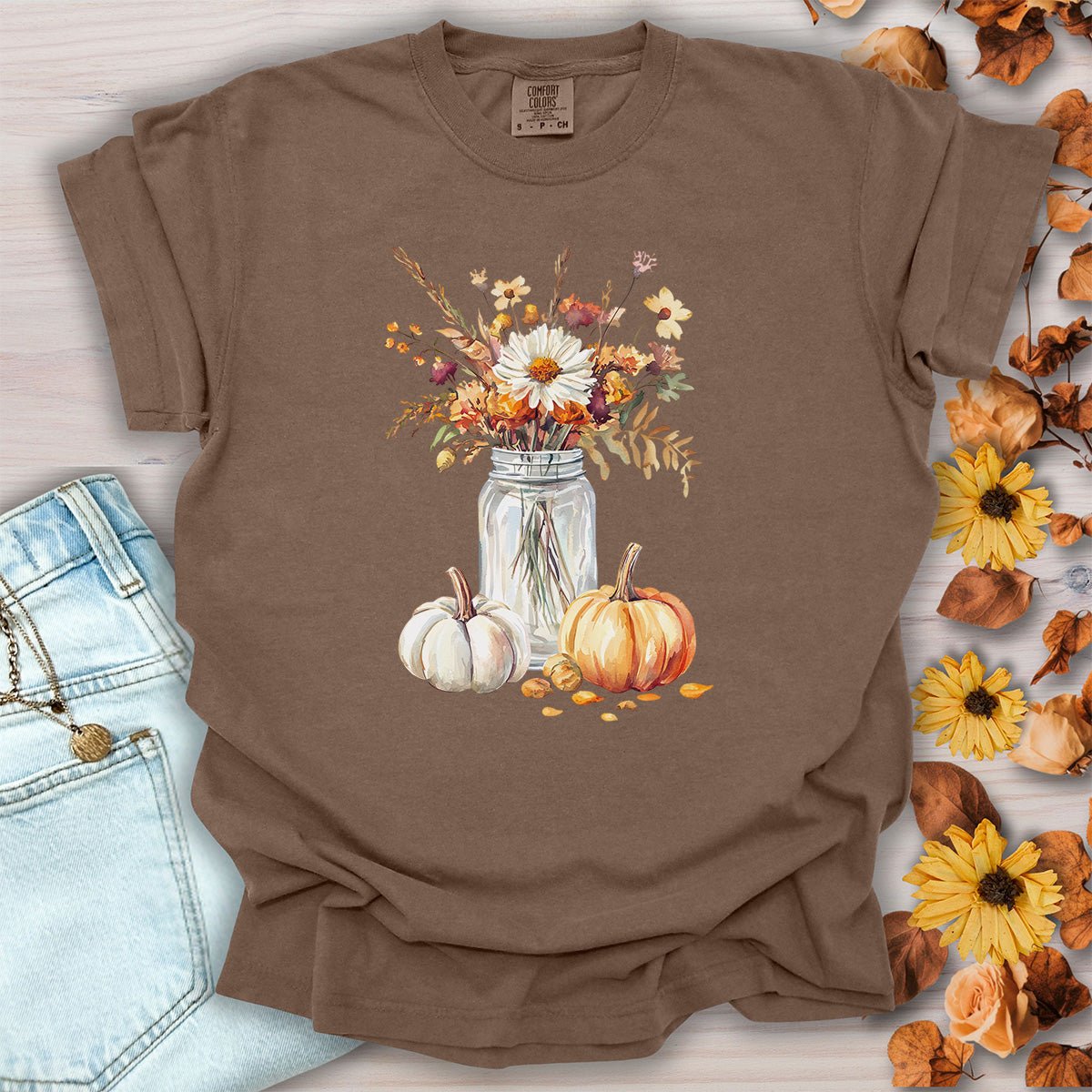 Autumn Mason Jar Bouquet & Pumpkins T-Shirt