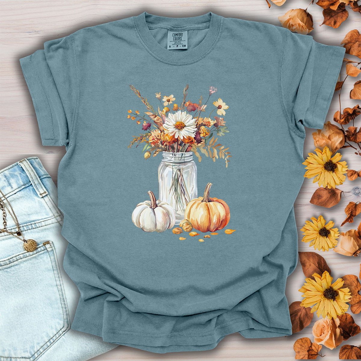 Autumn Mason Jar Bouquet & Pumpkins T-Shirt
