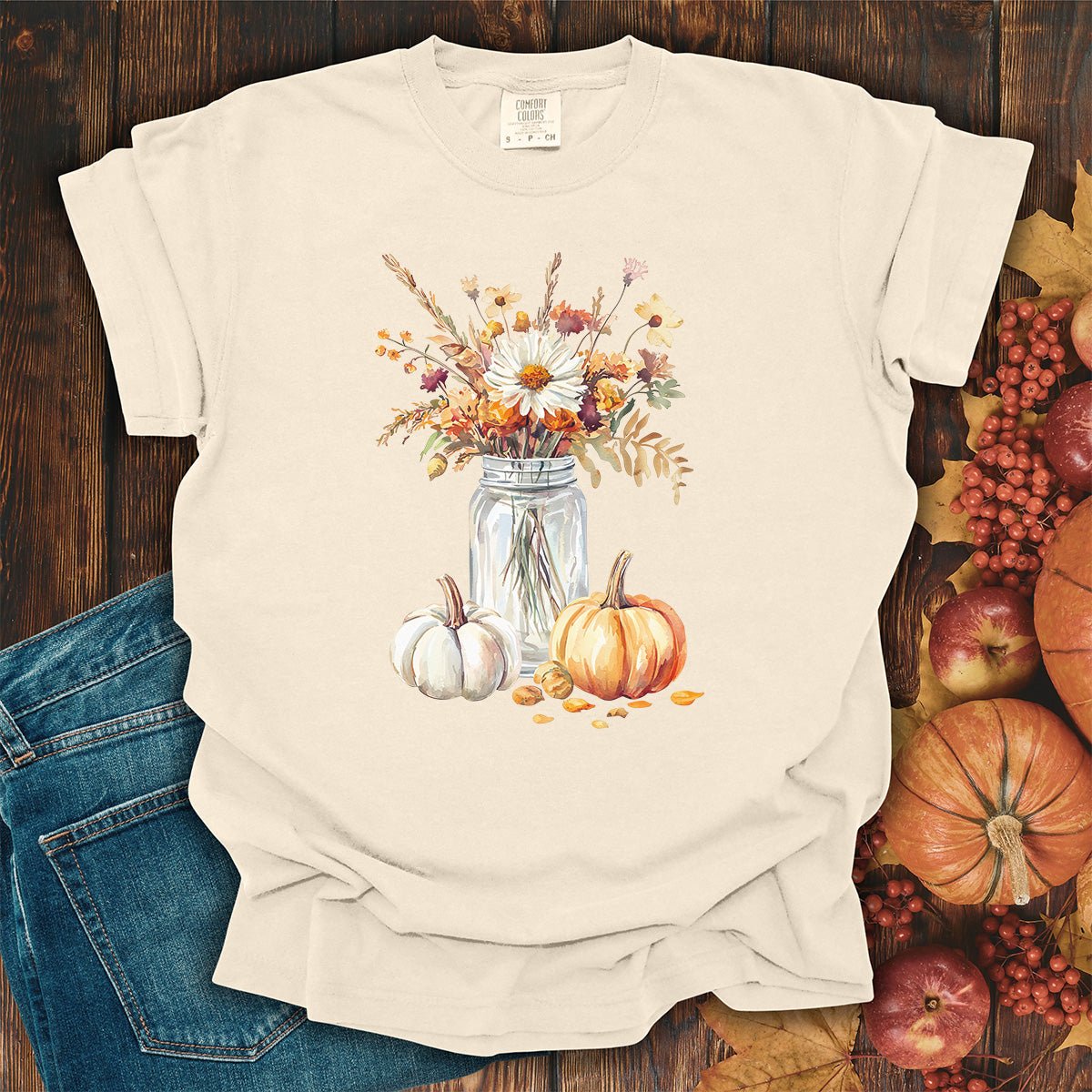 Autumn Mason Jar Bouquet & Pumpkins T-Shirt
