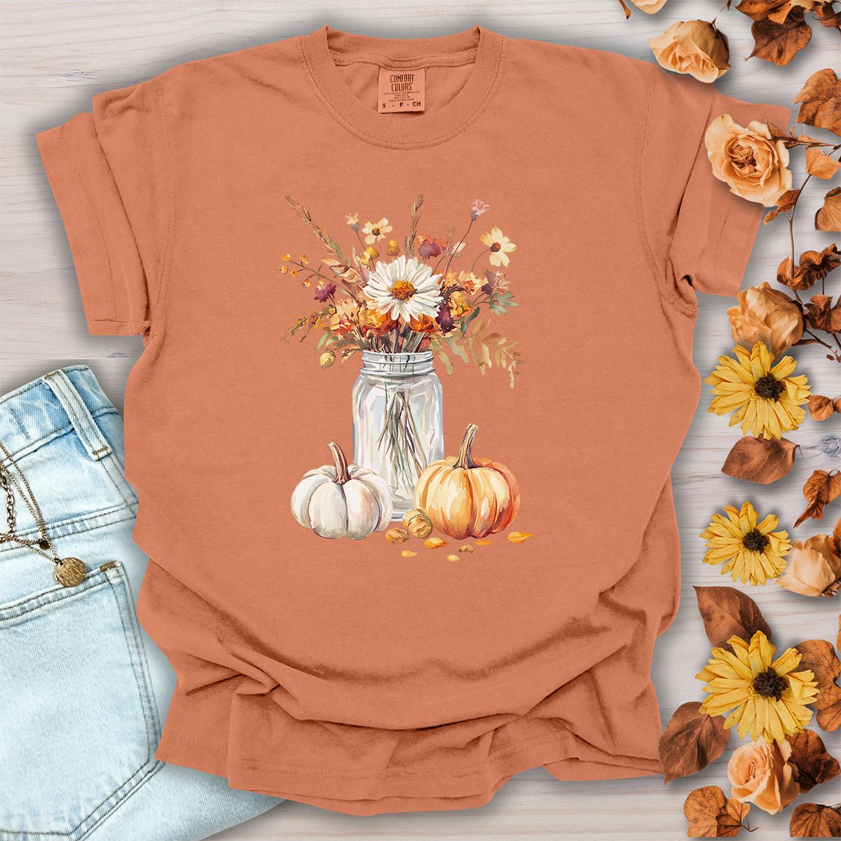 Autumn Mason Jar Bouquet & Pumpkins T-Shirt