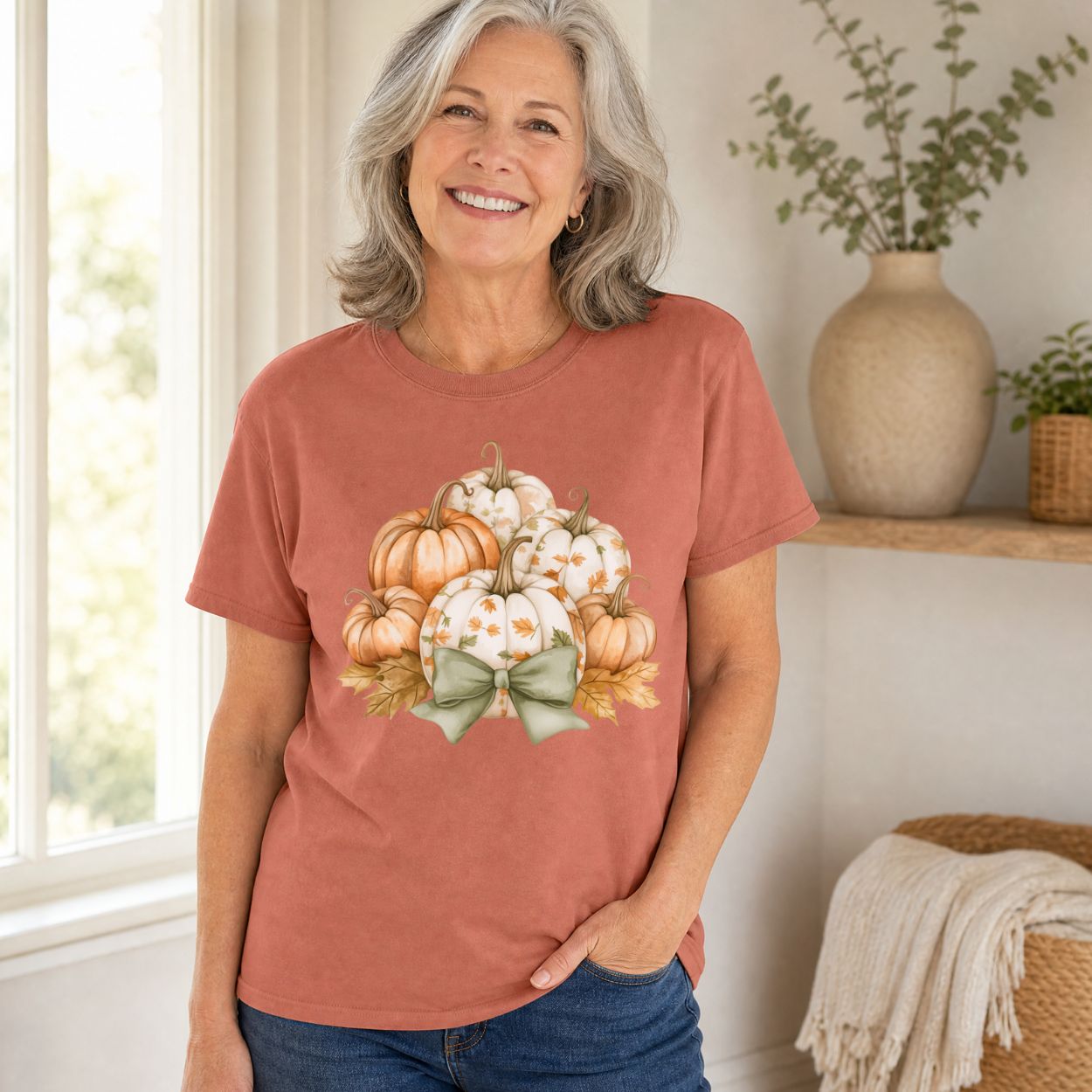 Woman in a rust-colored Comfort Colors tee with watercolor pumpkins, autumn leaves, and a sage green bow.