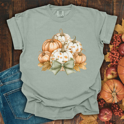 Bay Comfort Colors tee with watercolor pumpkins, autumn leaves, and a green bow.