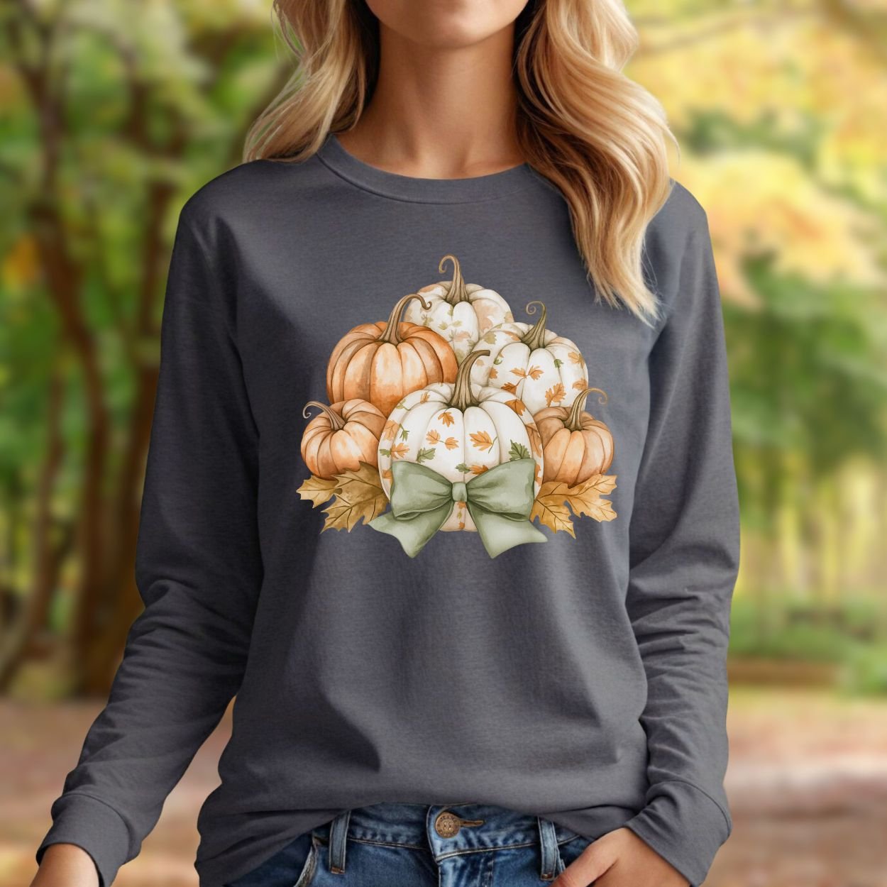 Charcoal long sleeve tee with a watercolor pumpkin cluster and sage bow design.