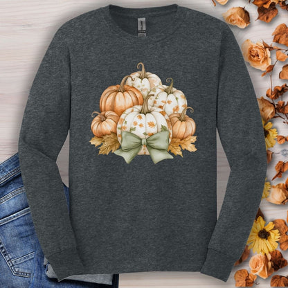 Dark Heather long sleeve tee with watercolor terracotta and cream pumpkins, sage bow, and autumn leaves.