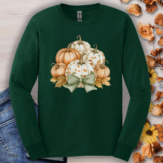 Forest Green long sleeve tee with watercolor terracotta and cream pumpkins, sage bow, and autumn leaves.