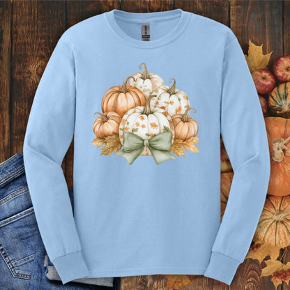 Light blue long sleeve tee with a watercolor pumpkin and sage bow design.