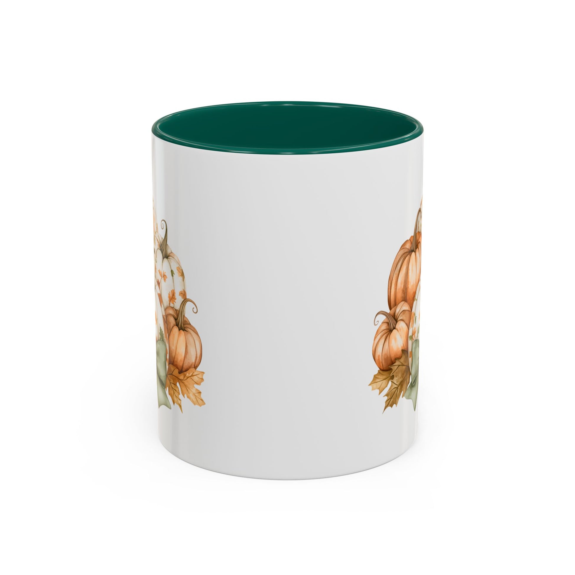 White ceramic mug with green interior and handle, featuring watercolor pumpkins and fall foliage.