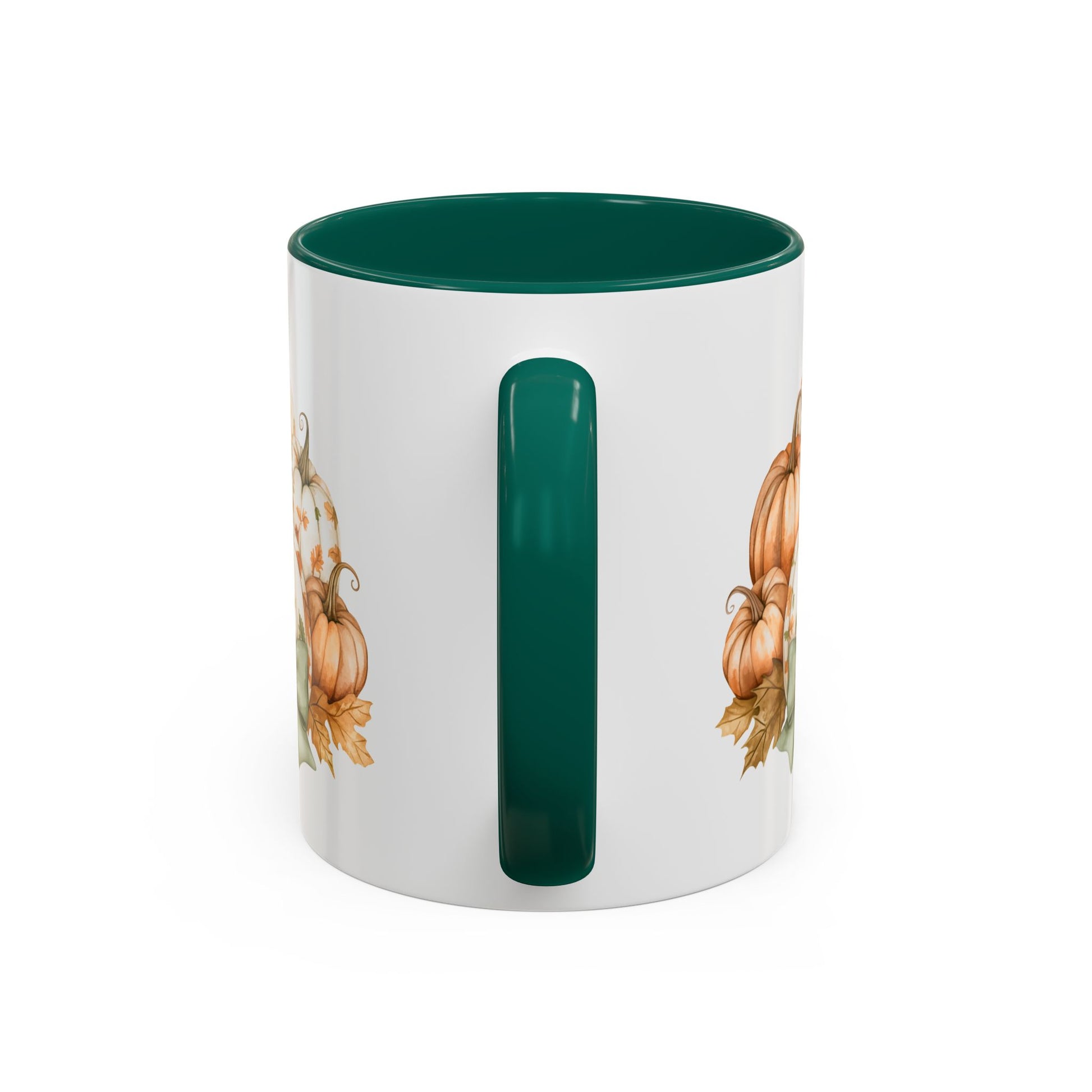 White ceramic mug with a dark green interior and handle, featuring a watercolor autumn pumpkin and foliage design.