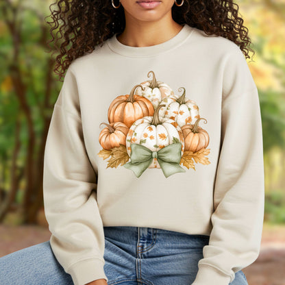 Beige unisex sweatshirt with a cottagecore pumpkin and green bow design.