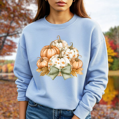 Autumn Pumpkin Bouquet & Bow Sweatshirt in light blue, featuring cottage core pumpkins and a green bow.