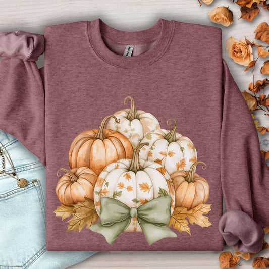 Heather Sport Dark Maroon sweatshirt with cottage core pumpkins, green bow, and autumn leaves.