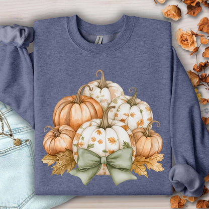 Heather Sport Dark Navy sweatshirt with cottage core pumpkins, green bow, and autumn leaves.
