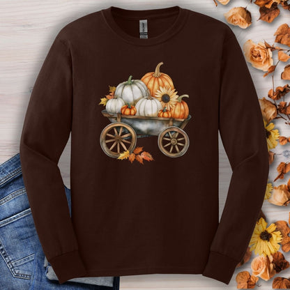 Dark chocolate long sleeve tee with a watercolor wagon of white and orange pumpkins and sunflowers.