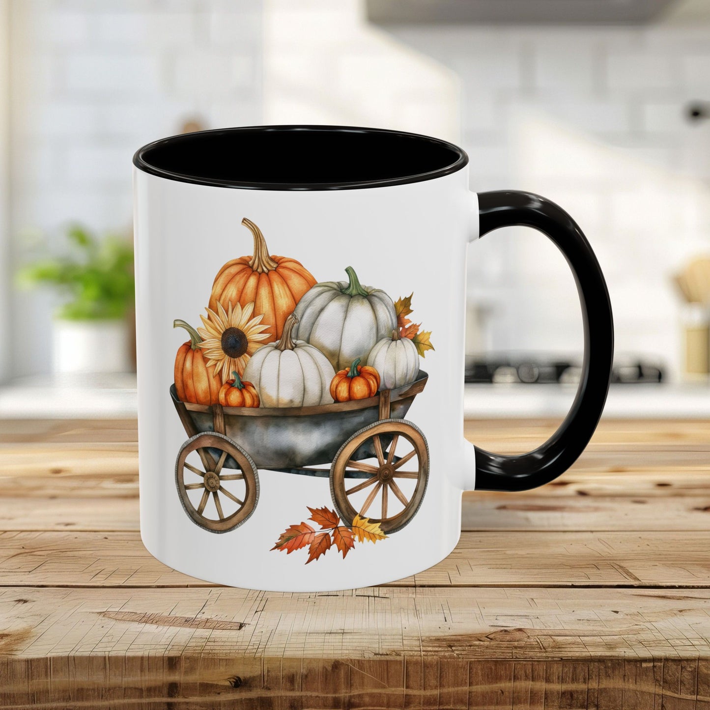 11oz ceramic mug with a black rim and handle, featuring a watercolor-style autumn pumpkin harvest wagon design.