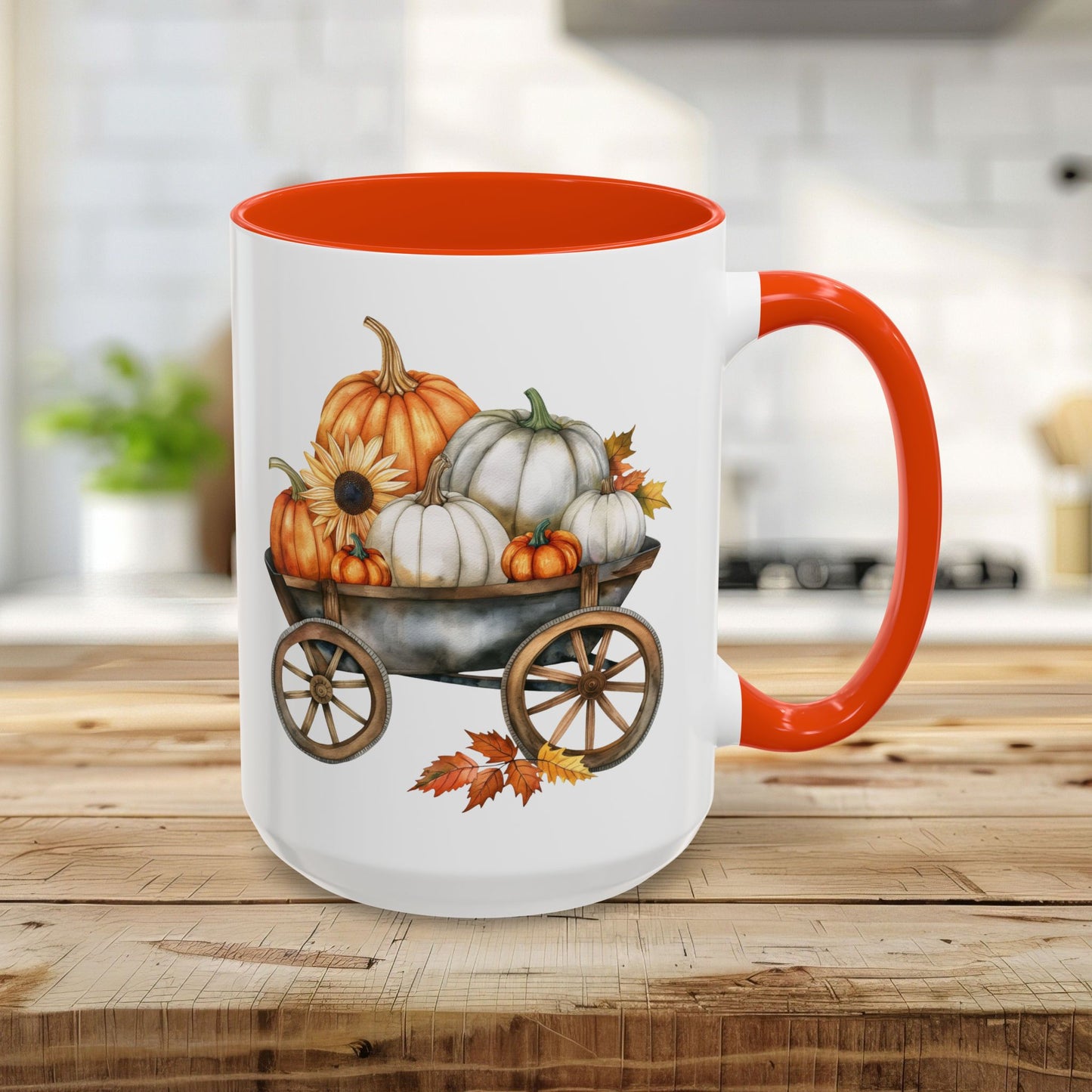 15oz ceramic mug with an orange interior and handle, featuring a watercolor-style autumn pumpkin harvest wagon design.