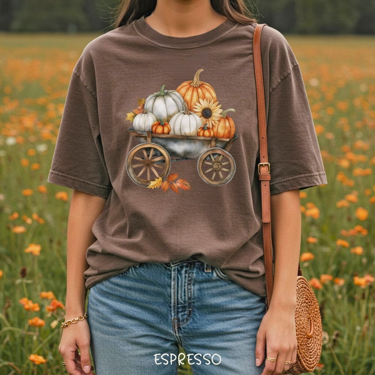 Garment-dyed espresso t-shirt with a watercolor rustic wagon full of white and orange pumpkins, sunflowers, and leaves.