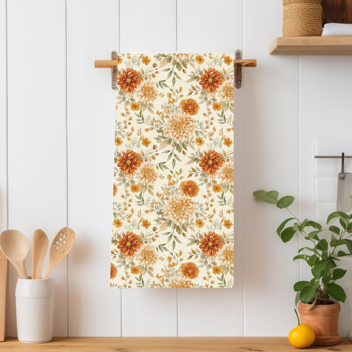 Autumn Rust & Cream Mum Floral Tea Towel