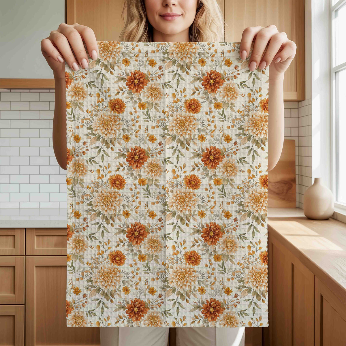 Autumn Rust & Cream Mum Floral Tea Towel