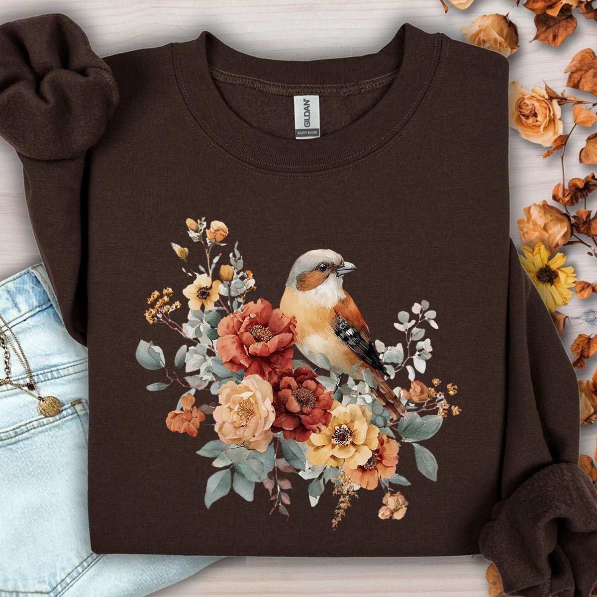 Autumn Sparrow with Roses Sweatshirt