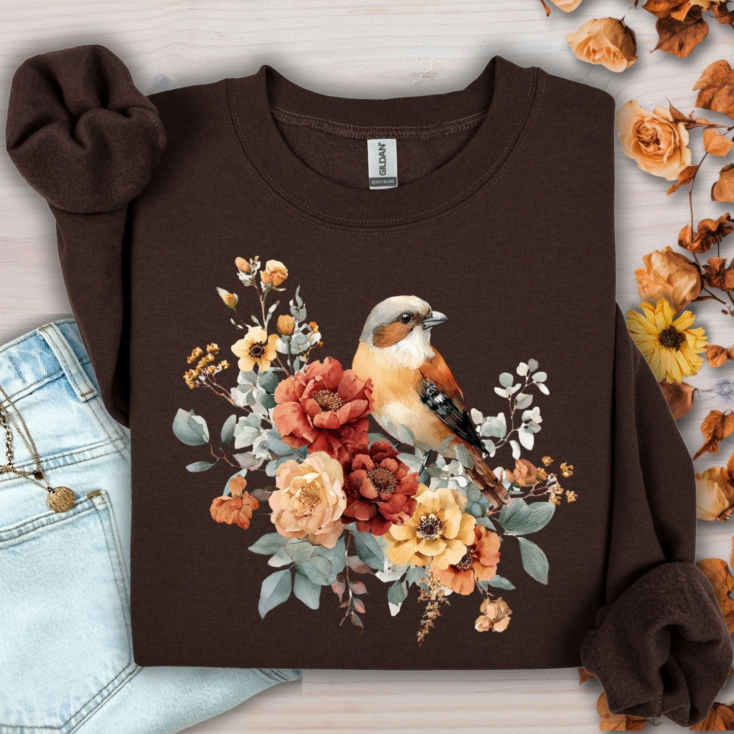 Dark Chocolate Gildan sweatshirt with a watercolor sparrow and autumn roses design.