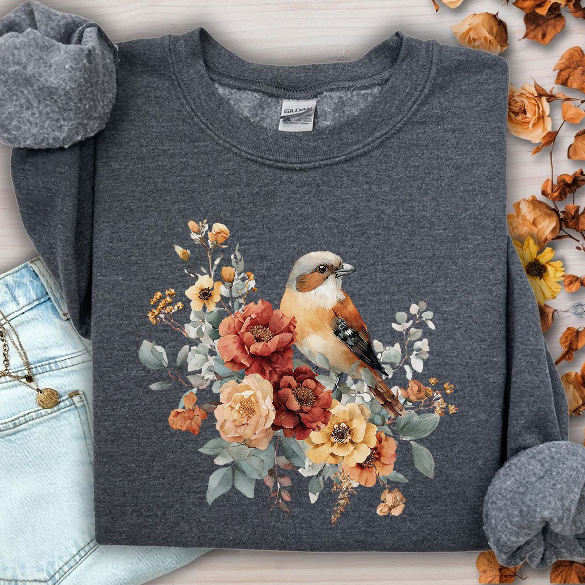 Autumn Sparrow with Roses Sweatshirt