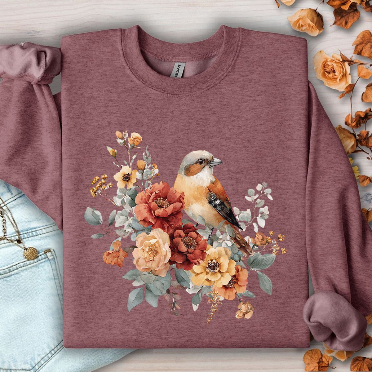 Autumn Sparrow with Roses Sweatshirt