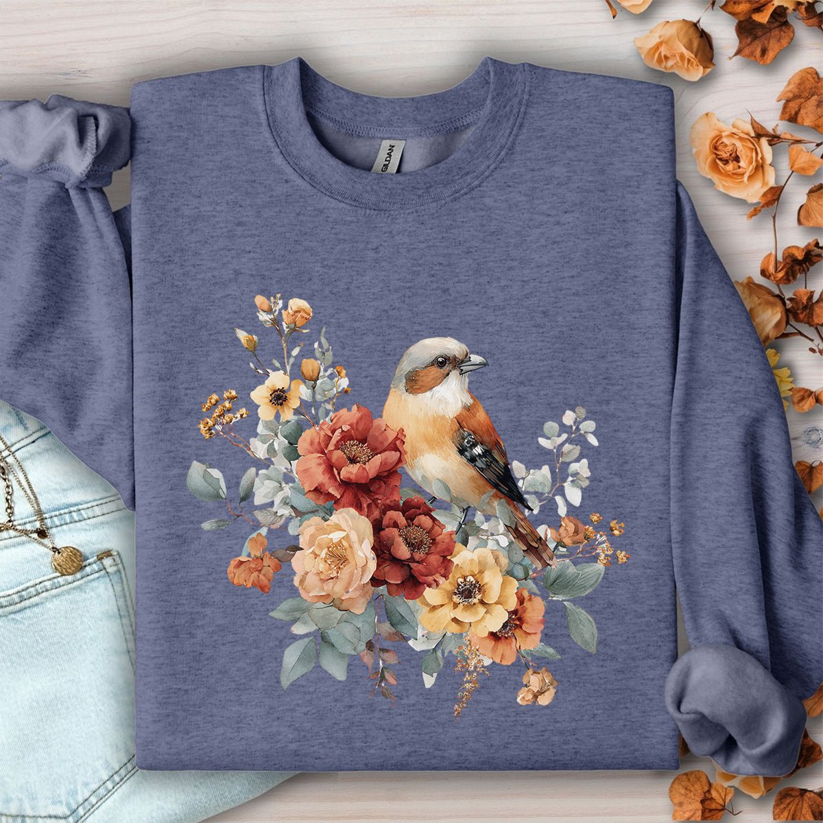 Autumn Sparrow with Roses Sweatshirt
