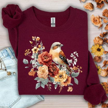 Maroon Gildan crewneck sweatshirt with a watercolor sparrow and autumn roses design.