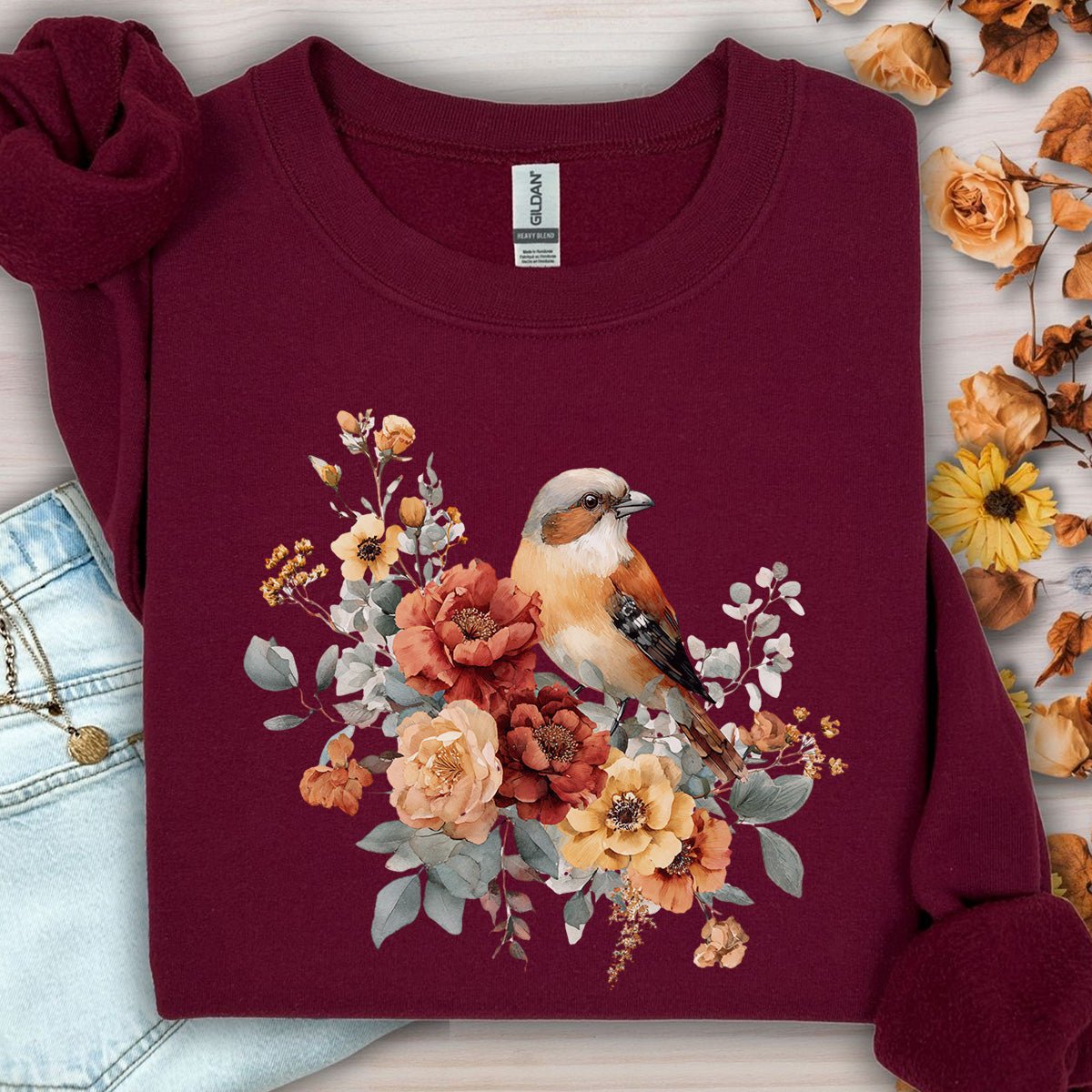 Autumn Sparrow with Roses Sweatshirt