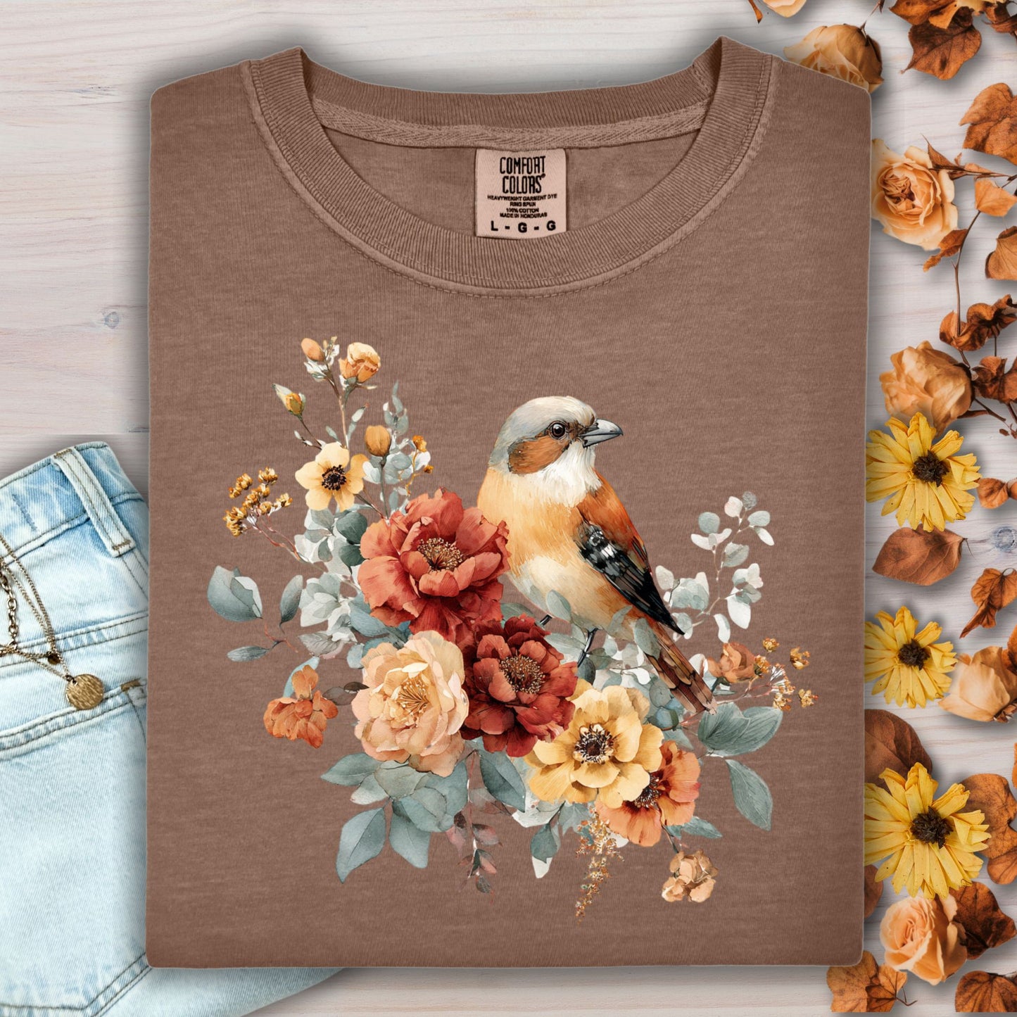 Autumn Sparrow with Roses T-Shirt