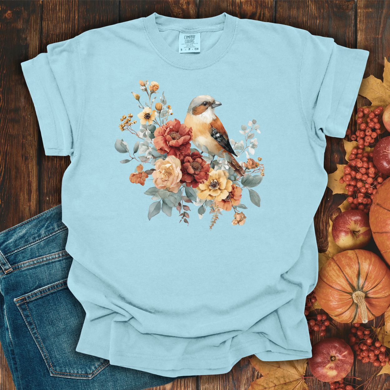 Autumn Sparrow with Roses T-Shirt
