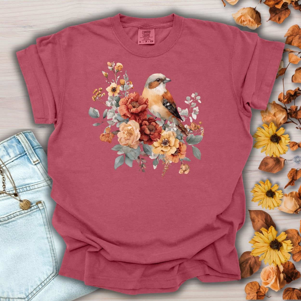 Autumn Sparrow with Roses T-Shirt