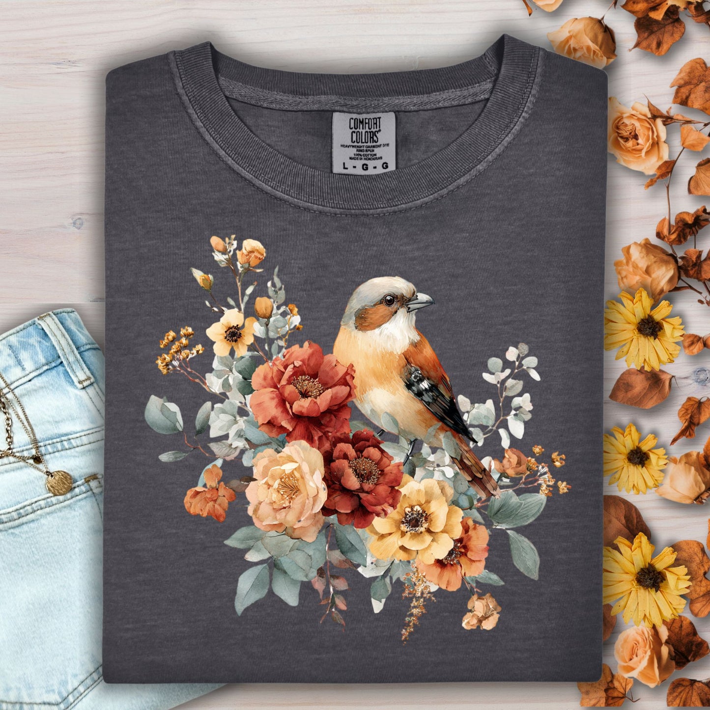 Autumn Sparrow with Roses T-Shirt