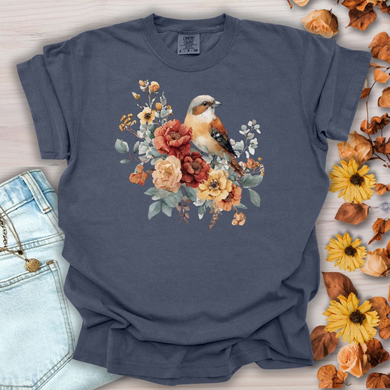 Autumn Sparrow with Roses T-Shirt