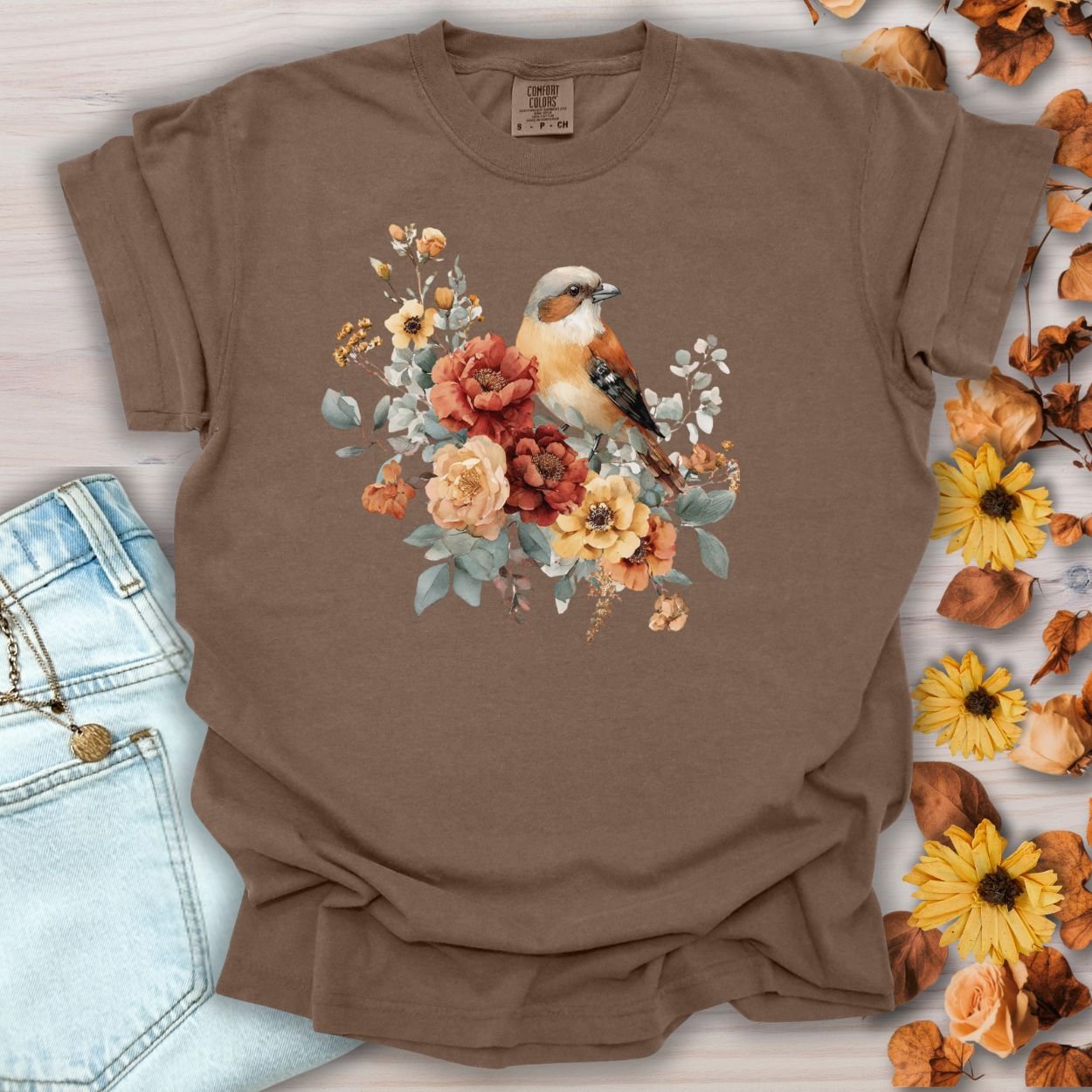 Autumn Sparrow with Roses T-Shirt
