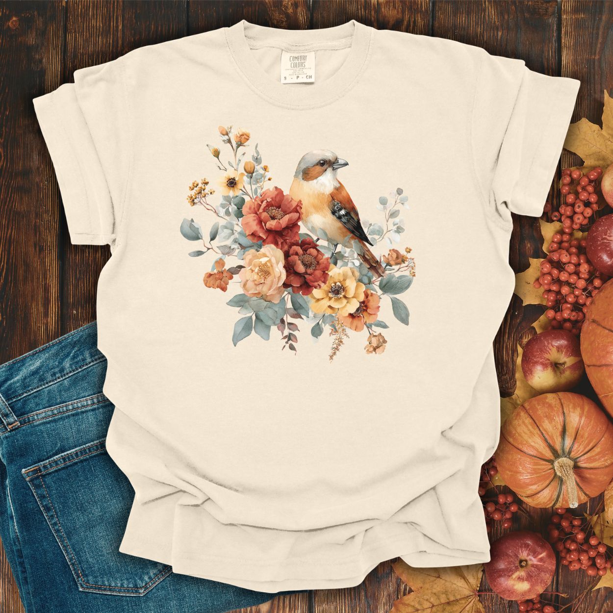 Autumn Sparrow with Roses T-Shirt