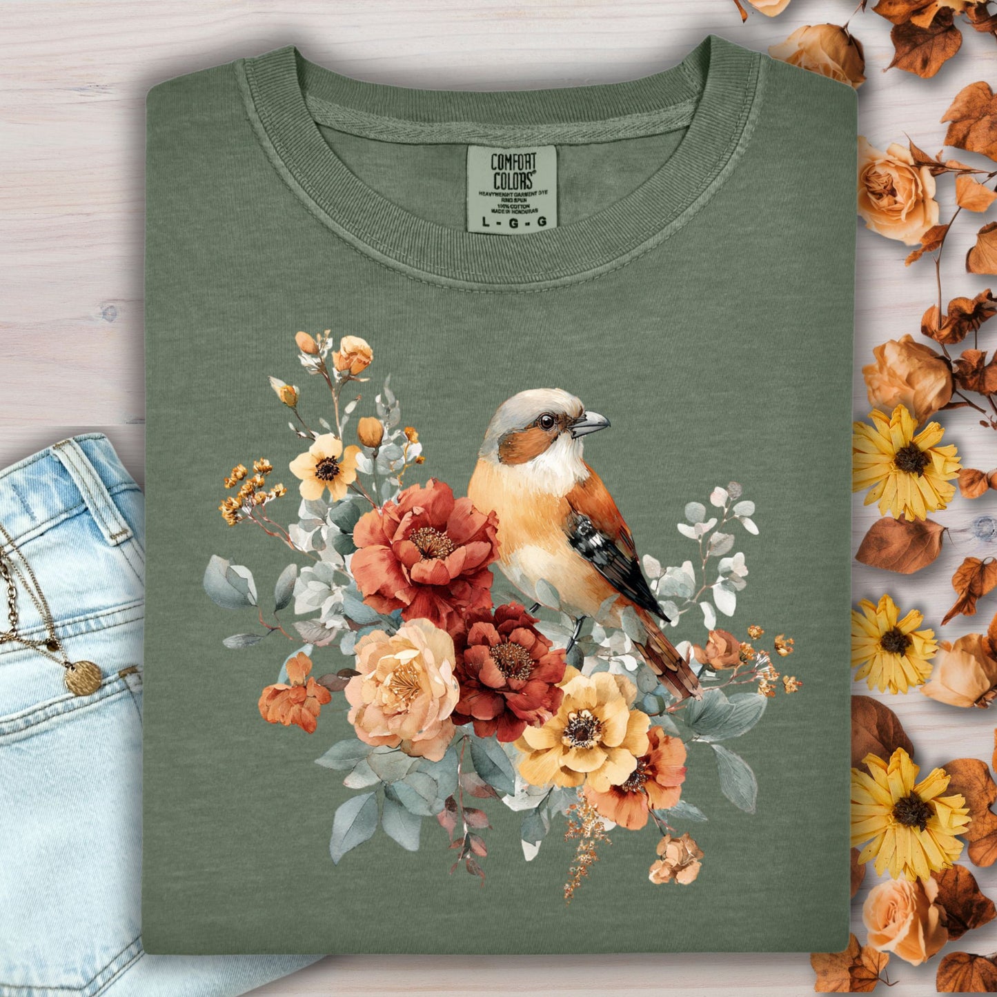 Autumn Sparrow with Roses T-Shirt