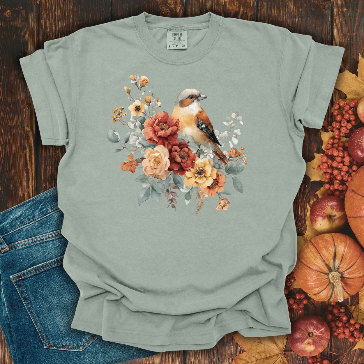 Autumn Sparrow with Roses T-Shirt