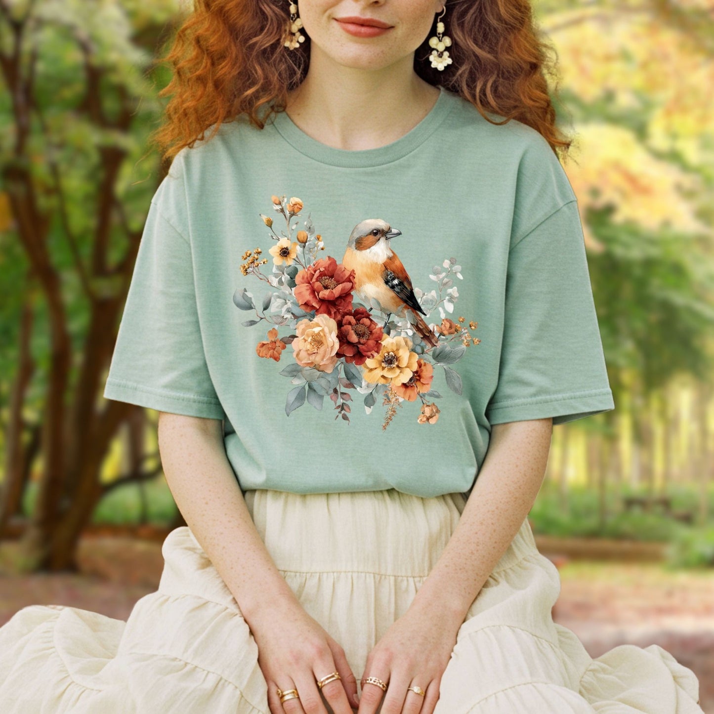Autumn Sparrow with Roses T-Shirt