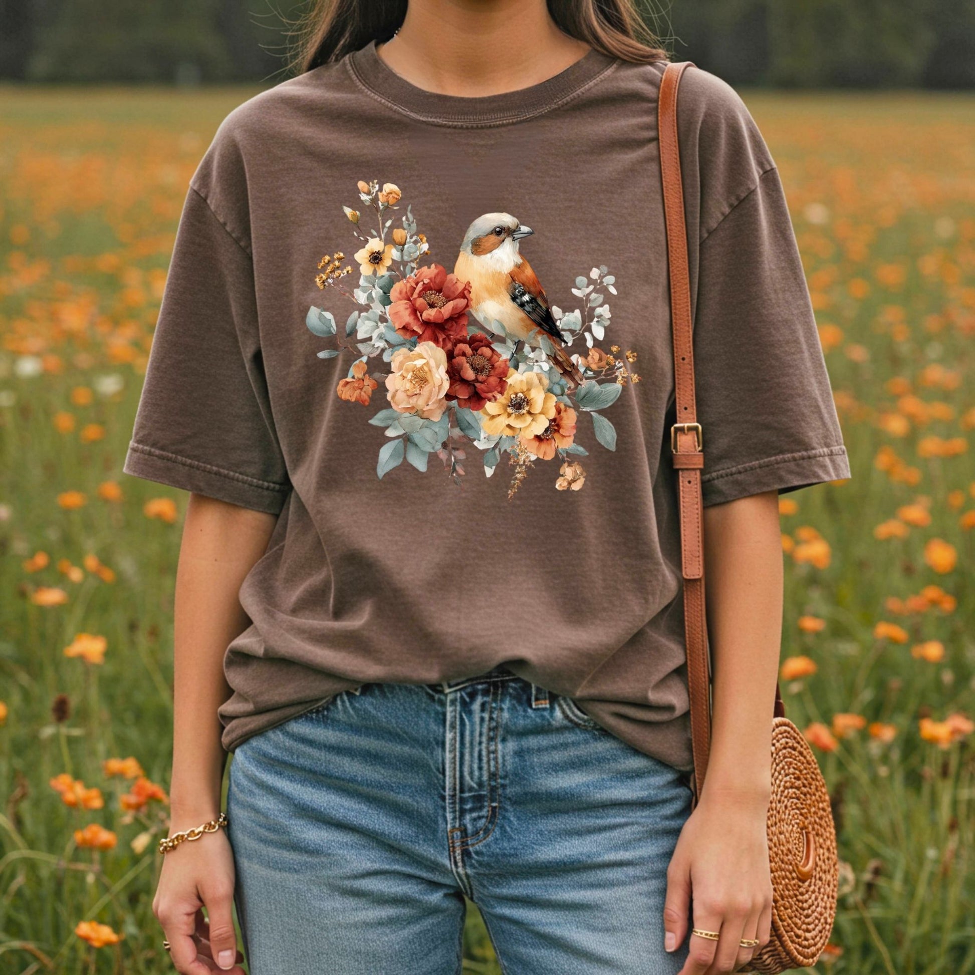 Autumn Sparrow with Roses T-Shirt